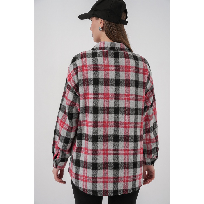 Kadın Ekose Desen Oversize Oduncu Gömlek 3854 Nar