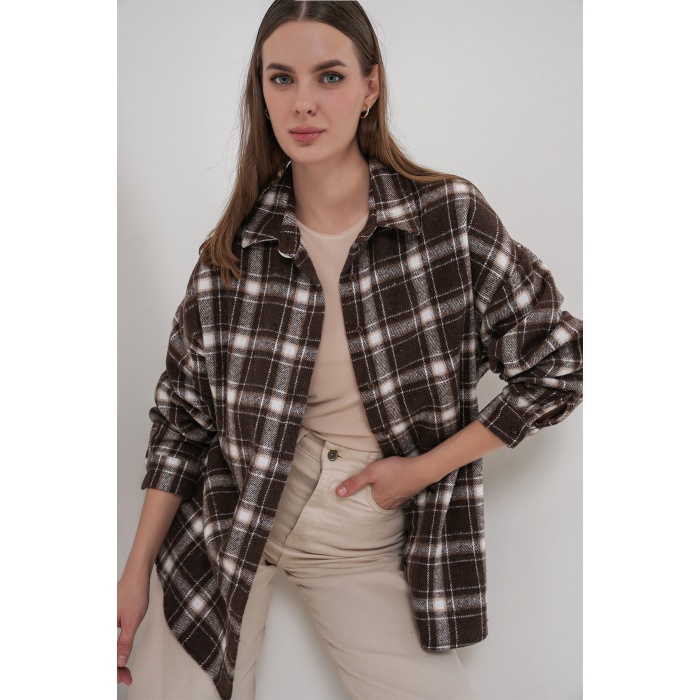 Kadın Ekose Desen Oversize Oduncu Gömlek 3854 C. Kahverengi