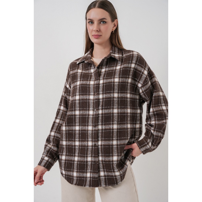 Kadın Ekose Desen Oversize Oduncu Gömlek 3854 C. Kahverengi