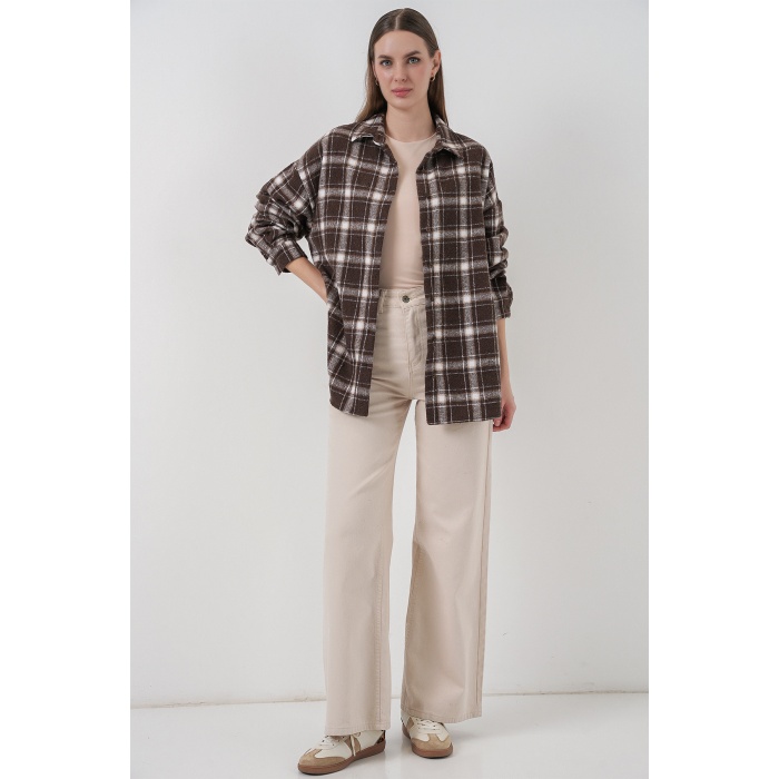 Kadın Ekose Desen Oversize Oduncu Gömlek 3854 C. Kahverengi
