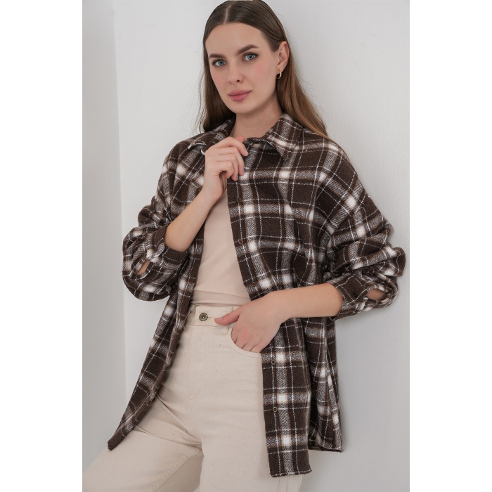 Kadın Ekose Desen Oversize Oduncu Gömlek 3854 C. Kahverengi