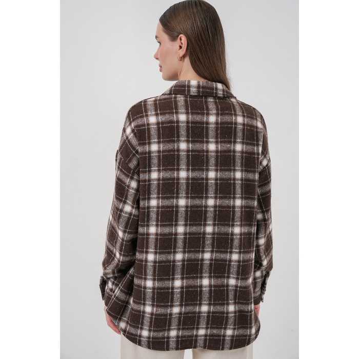 Kadın Ekose Desen Oversize Oduncu Gömlek 3854 C. Kahverengi