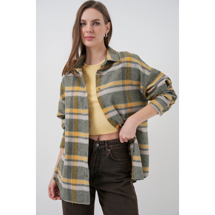 Kadın Ekose Desen Oversize Oduncu Gömlek 3854 E.Yeşil