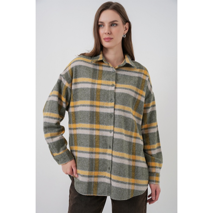 Kadın Ekose Desen Oversize Oduncu Gömlek 3854 E.Yeşil