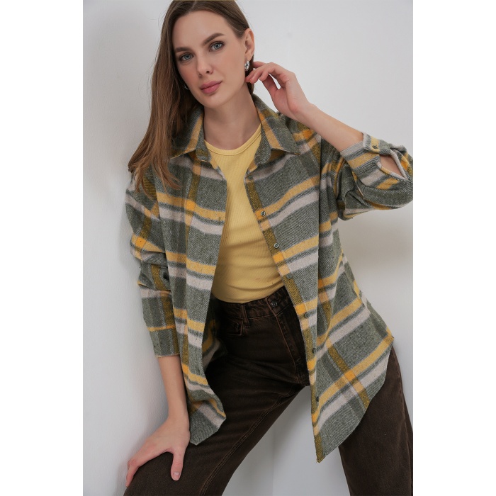 Kadın Ekose Desen Oversize Oduncu Gömlek 3854 E.Yeşil