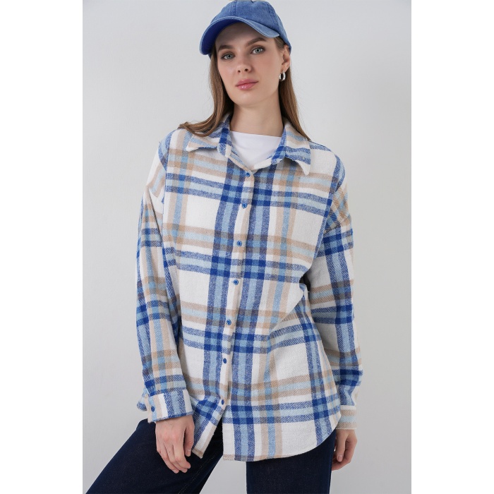 Kadın Ekose Desen Oversize Oduncu Gömlek 3854 A.Ekru
