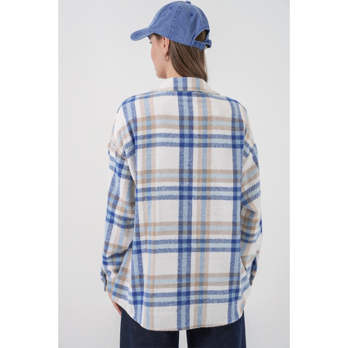 Kadın Ekose Desen Oversize Oduncu Gömlek 3854 A.Ekru