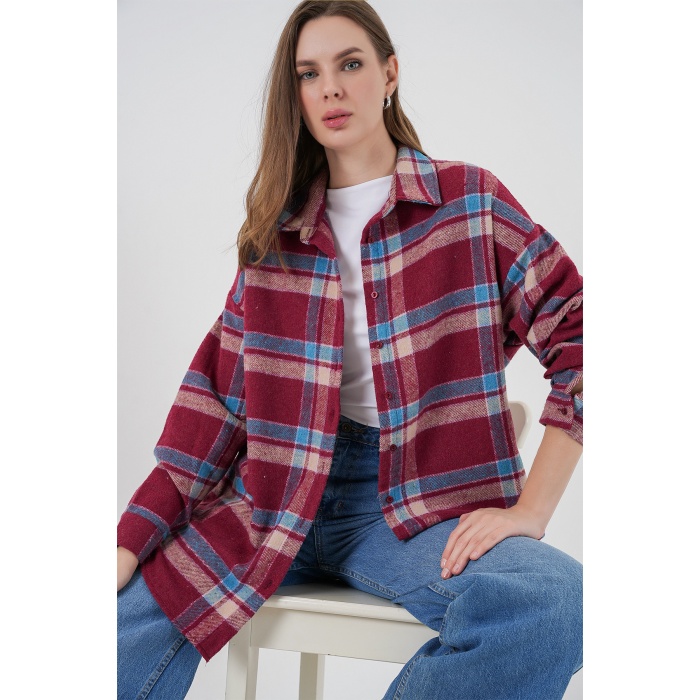 Kadın Ekose Desen Oversize Oduncu Gömlek 3854 A.Kiremit