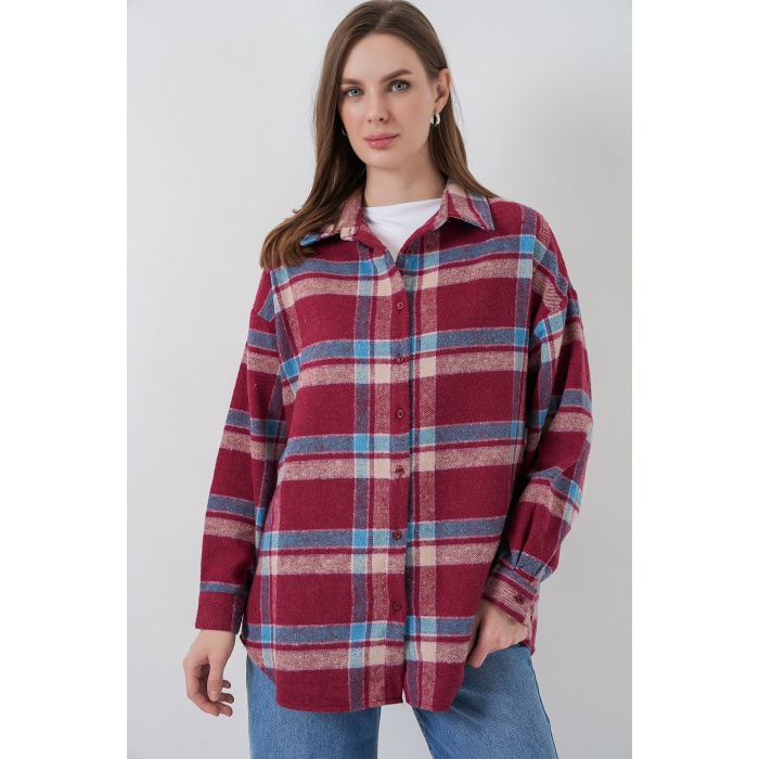 Kadın Ekose Desen Oversize Oduncu Gömlek 3854 A.Kiremit