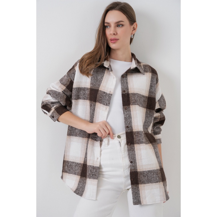 Kadın Ekose Desen Oversize Oduncu Gömlek 3854 Bisküvi
