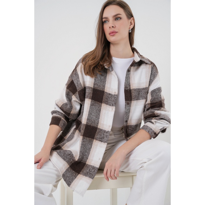 Kadın Ekose Desen Oversize Oduncu Gömlek 3854 Bisküvi