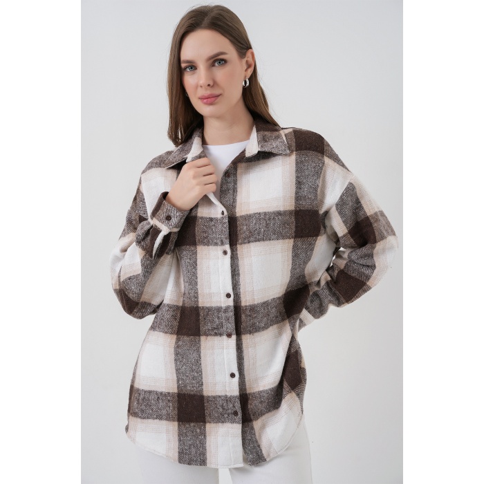 Kadın Ekose Desen Oversize Oduncu Gömlek 3854 Bisküvi