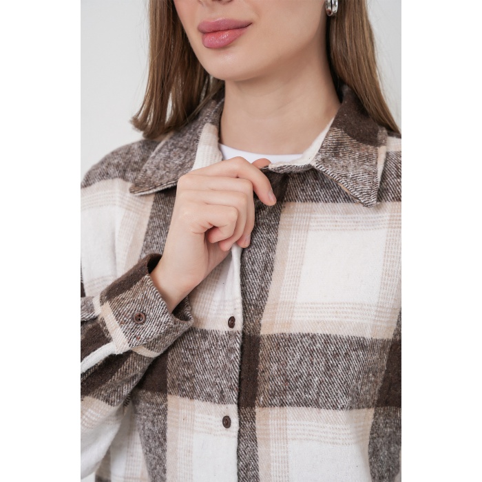 Kadın Ekose Desen Oversize Oduncu Gömlek 3854 Bisküvi