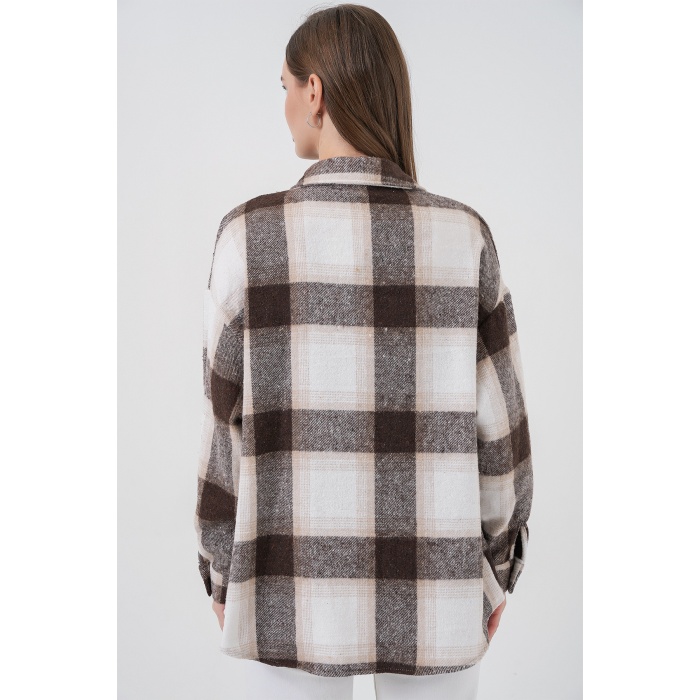 Kadın Ekose Desen Oversize Oduncu Gömlek 3854 Bisküvi
