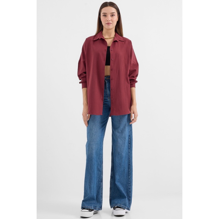 3900 Oversize Uzun Basic Gömlek - Mürdüm