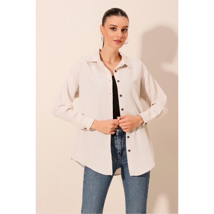 Kadın Krem Düz Oversize Uzun Basic Gömlek 3900