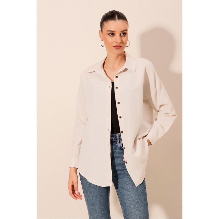 Kadın Krem Düz Oversize Uzun Basic Gömlek 3900