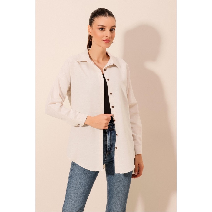 Kadın Krem Düz Oversize Uzun Basic Gömlek 3900