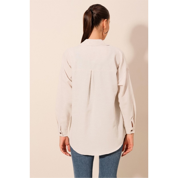 Kadın Krem Düz Oversize Uzun Basic Gömlek 3900