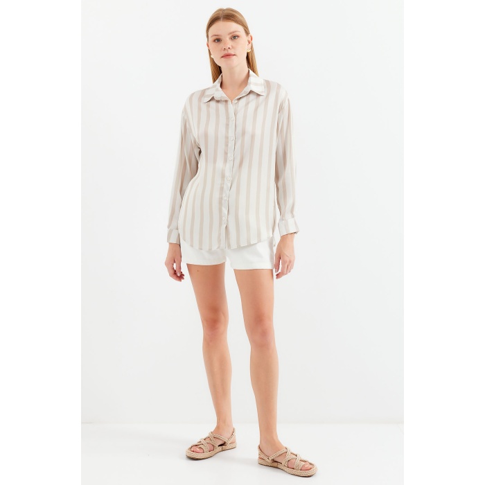 3964 Hafif Dökümlü Saten Gömlek - C. Bej