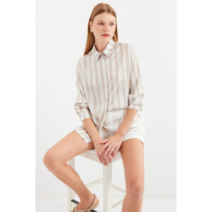 3964 Hafif Dökümlü Saten Gömlek - C. Bej