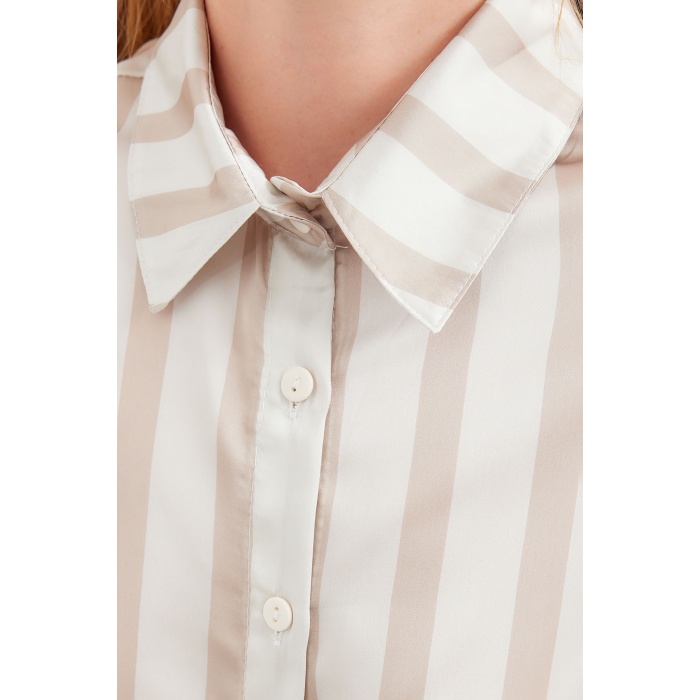 3964 Hafif Dökümlü Saten Gömlek - C. Bej