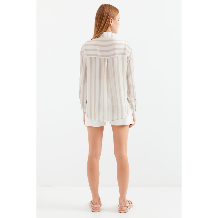 3964 Hafif Dökümlü Saten Gömlek - C. Bej