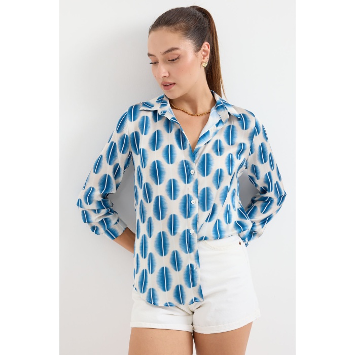 3964 Hafif Dökümlü Saten Gömlek - B.Mavi