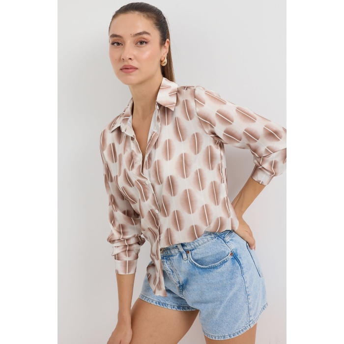 3964 Hafif Dökümlü Saten Gömlek - B.Kahverengi