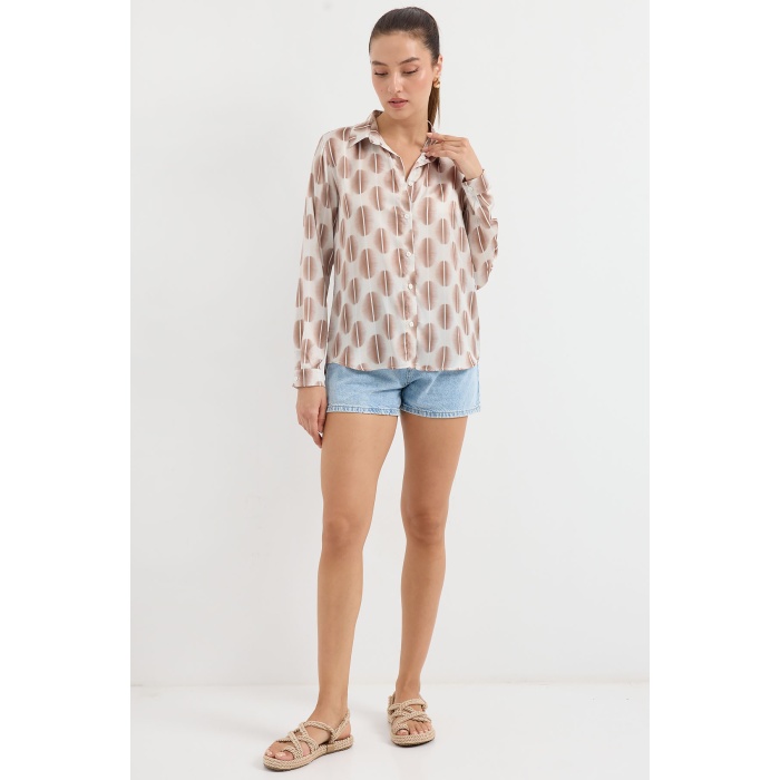 3964 Hafif Dökümlü Saten Gömlek - B.Kahverengi