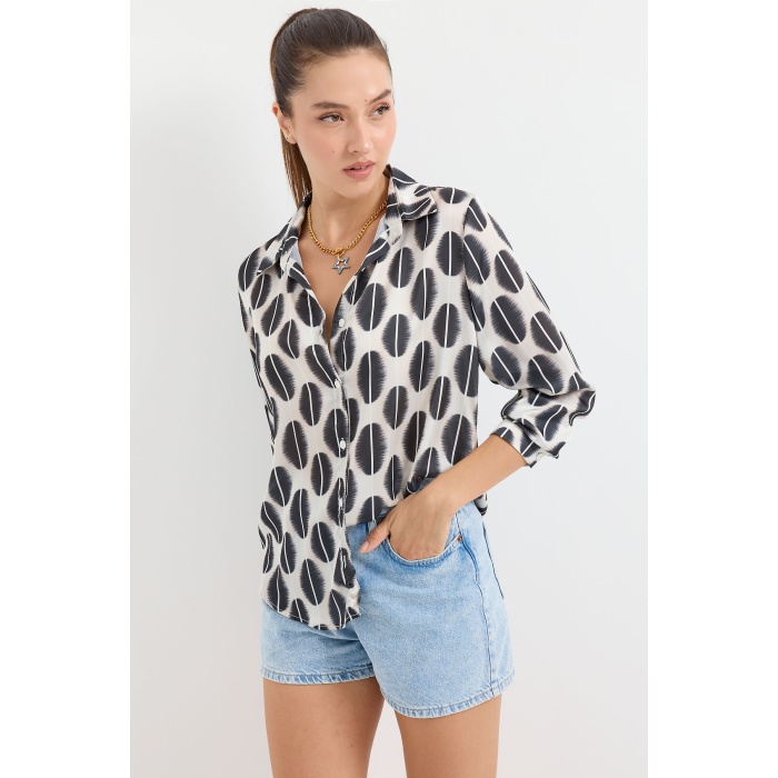 3964 Hafif Dökümlü Saten Gömlek - B. Siyah