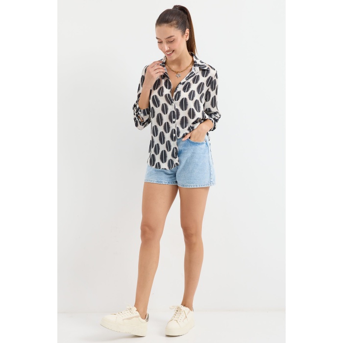 3964 Hafif Dökümlü Saten Gömlek - B. Siyah