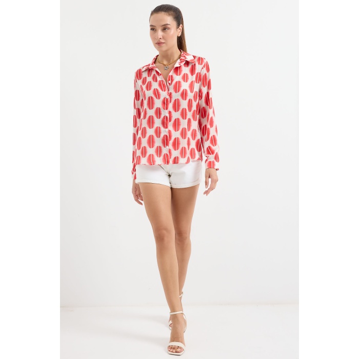 3964 Hafif Dökümlü Saten Gömlek - B.Kırmızı