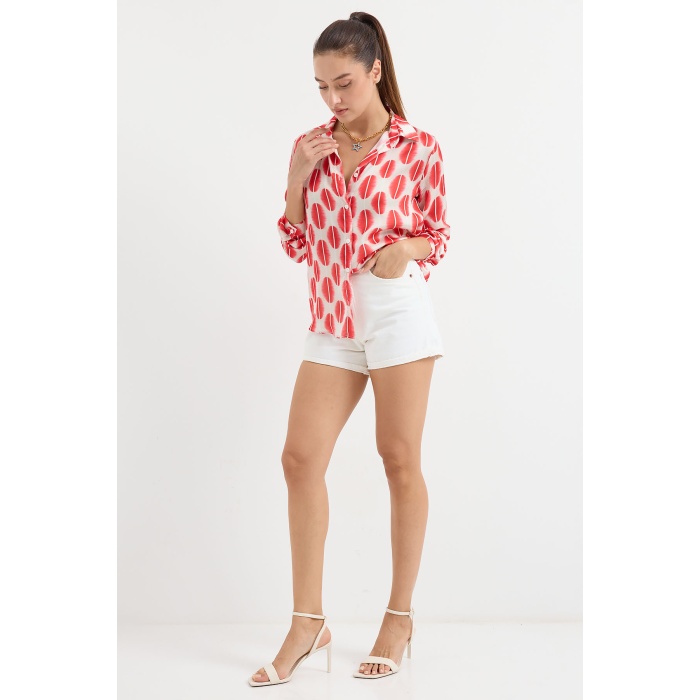 3964 Hafif Dökümlü Saten Gömlek - B.Kırmızı