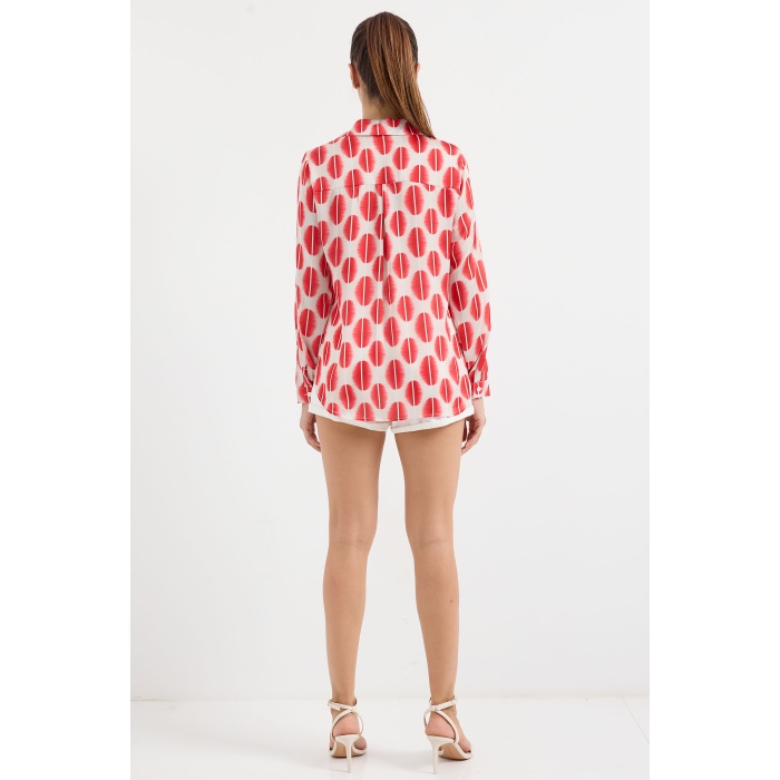 3964 Hafif Dökümlü Saten Gömlek - B.Kırmızı