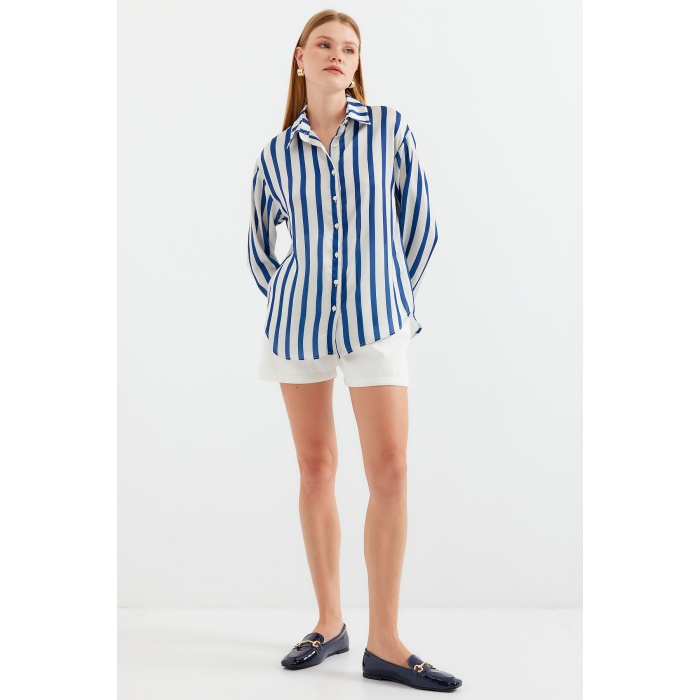 3964 Hafif Dökümlü Saten Gömlek - B.Lacivert