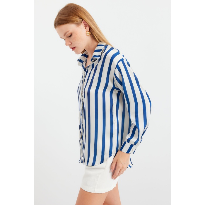 3964 Hafif Dökümlü Saten Gömlek - B.Lacivert