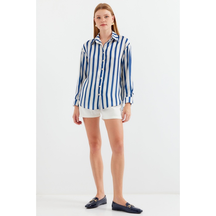 3964 Hafif Dökümlü Saten Gömlek - B.Lacivert