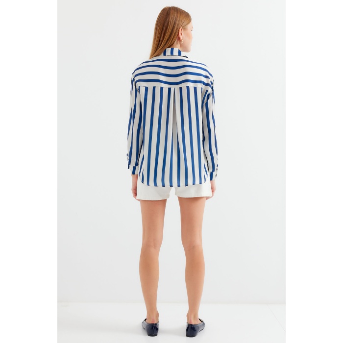 3964 Hafif Dökümlü Saten Gömlek - B.Lacivert