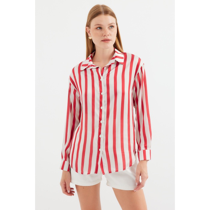 3964 Hafif Dökümlü Saten Gömlek - A.Kırmızı