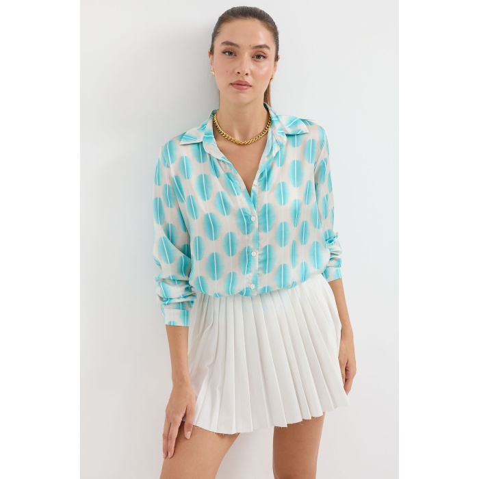 3964 Hafif Dökümlü Saten Gömlek - B.Turkuaz