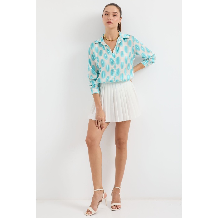 3964 Hafif Dökümlü Saten Gömlek - B.Turkuaz