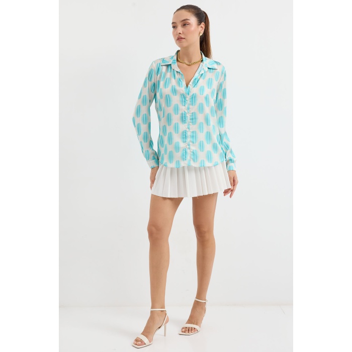 3964 Hafif Dökümlü Saten Gömlek - B.Turkuaz