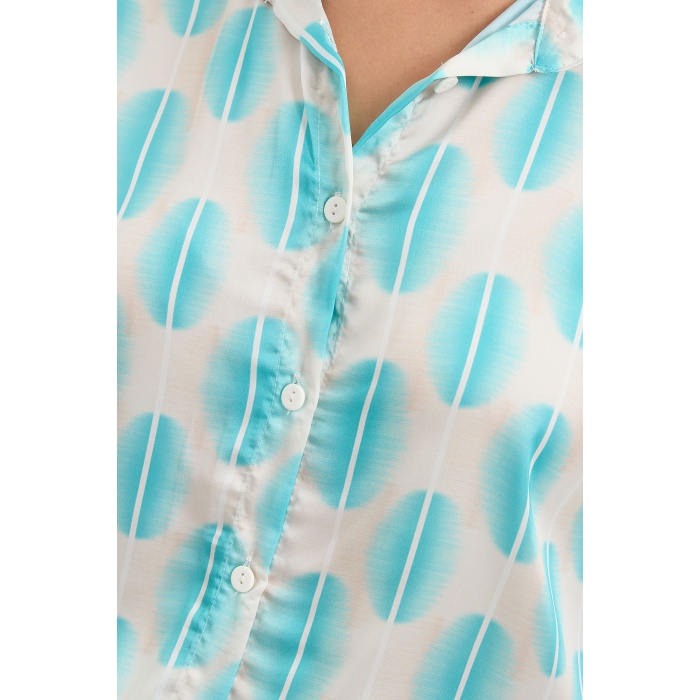 3964 Hafif Dökümlü Saten Gömlek - B.Turkuaz