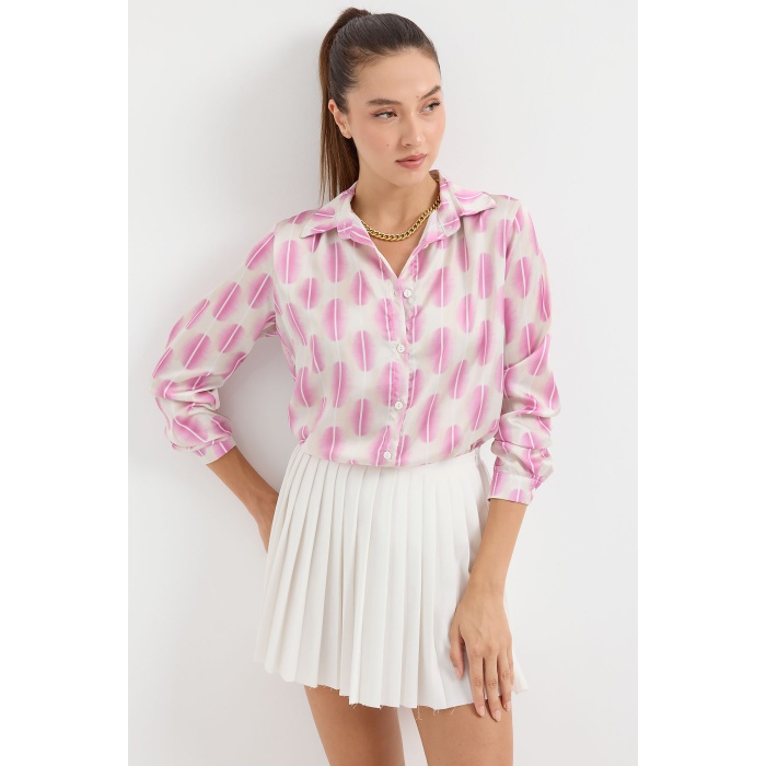 3964 Hafif Dökümlü Saten Gömlek - B.Pembe