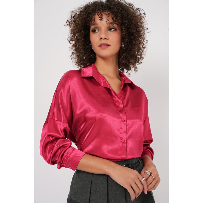3985 Oversize Saten Gömlek - Bordo