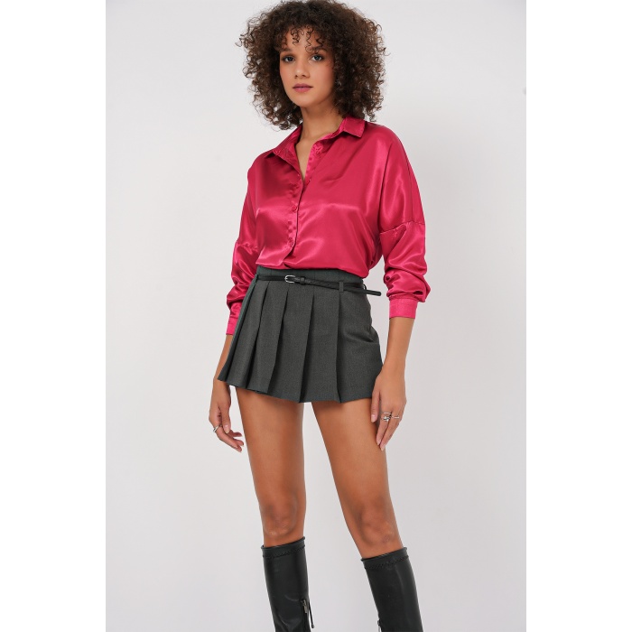 3985 Oversize Saten Gömlek - Bordo