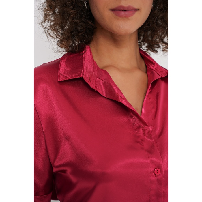 3985 Oversize Saten Gömlek - Bordo
