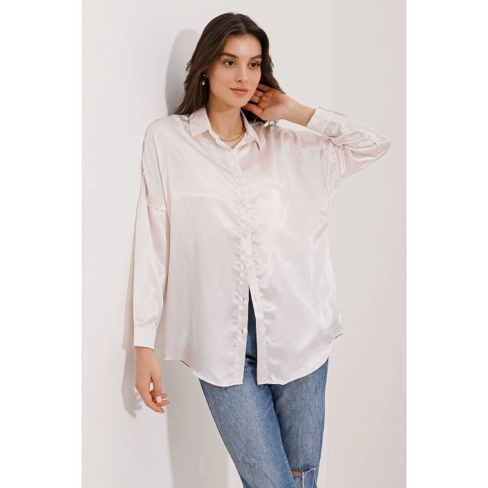 3985 Oversize Saten Gömlek - Bej