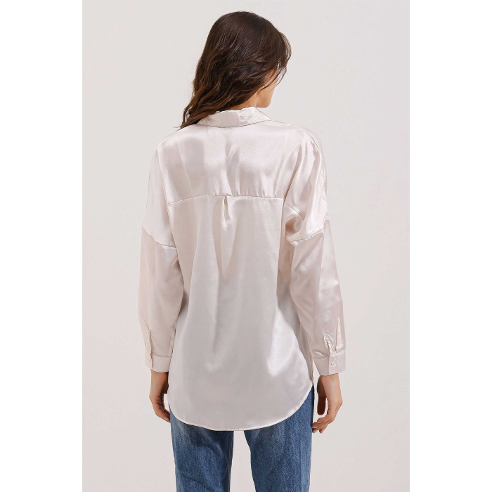 3985 Oversize Saten Gömlek - Bej